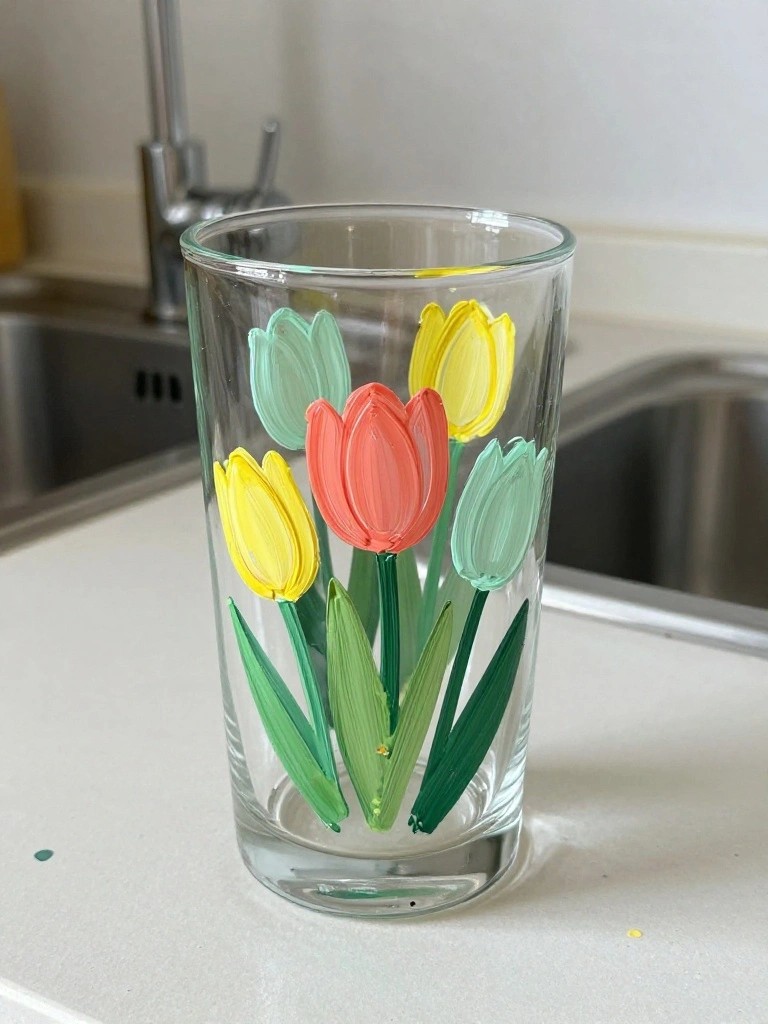 Glass cup painted with pink, yellow, and mint green tulips on green stems