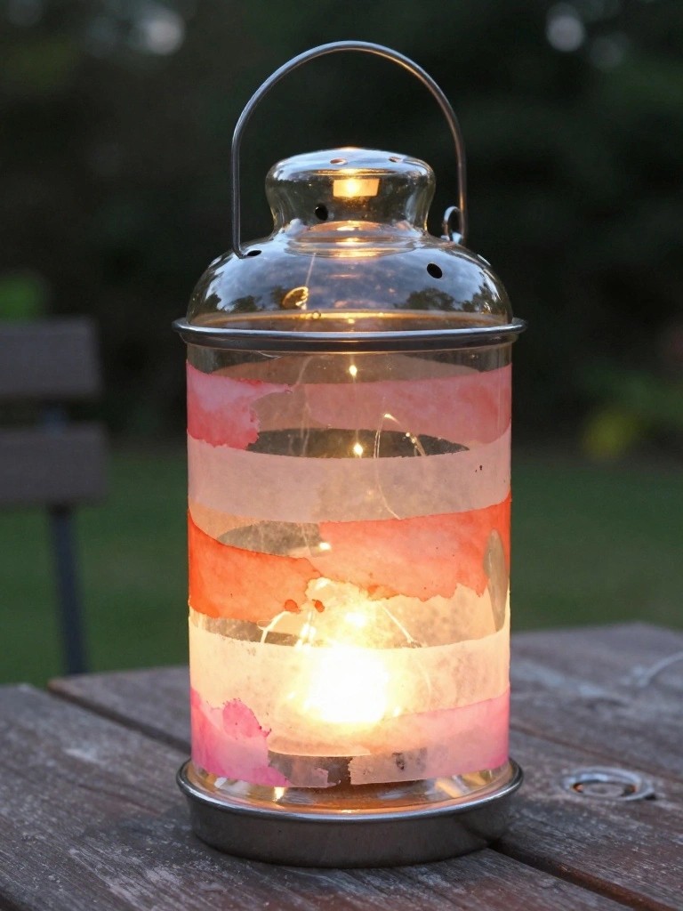 Glowing lantern with pink watercolor stripes on wooden table at dusk