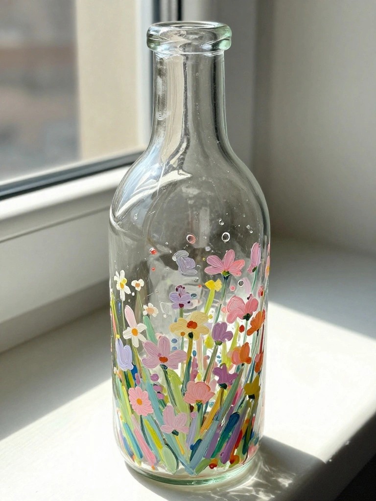 Glass bottle with colorful hand-painted flowers on a sunny windowsill