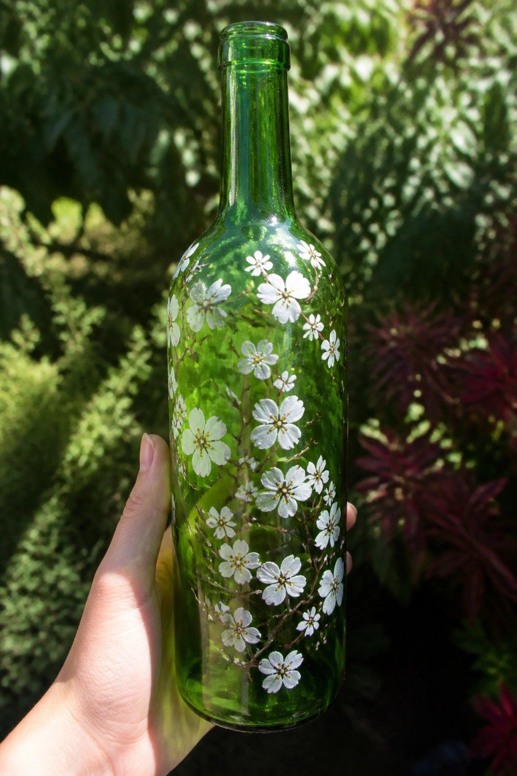 Hand holding green glass bottle painted with white flowers on branches outdoors