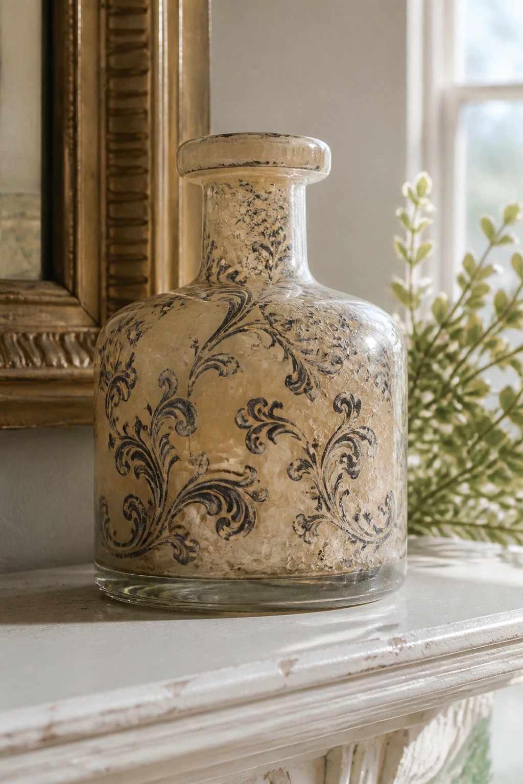 Distressed glass bottle with black scrollwork on white mantel beside gold frame