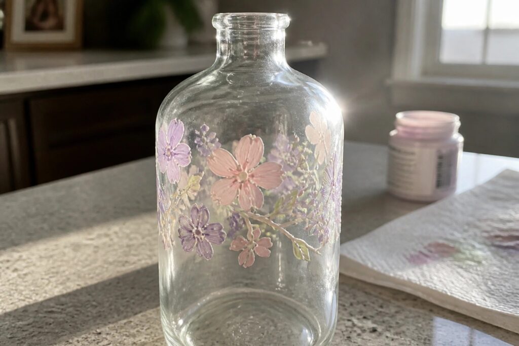 Clear glass bottle with pink purple floral painting on kitchen countertop beside paint jar
