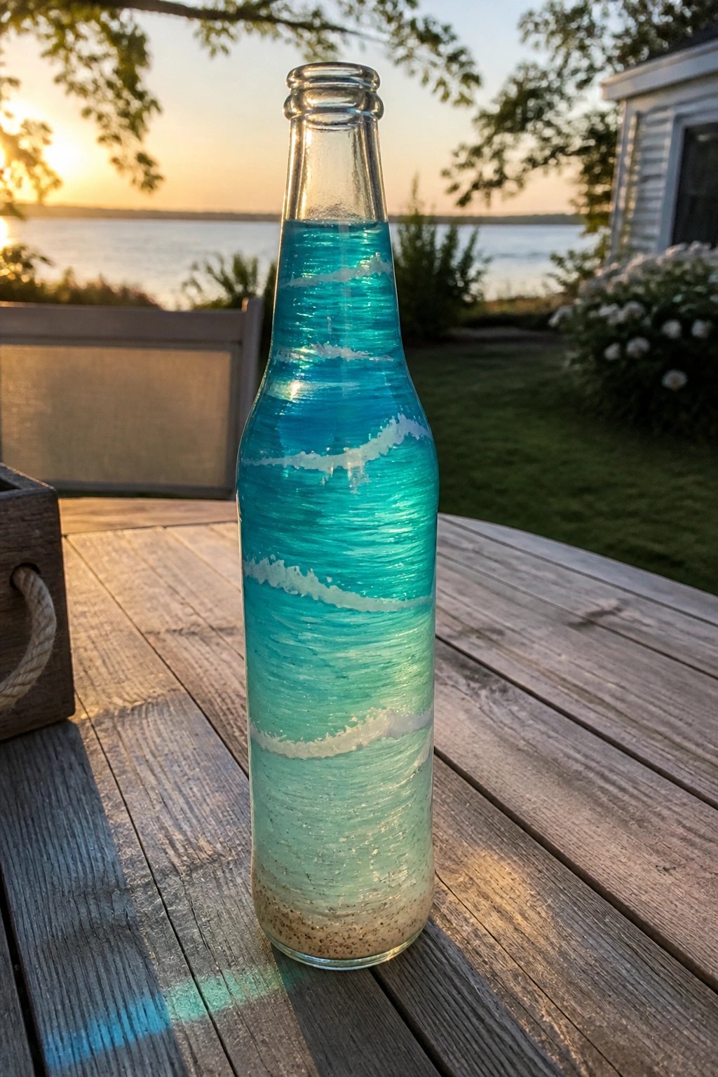 Glass bottle painted with turquoise waves and sand on wooden table at sunset.