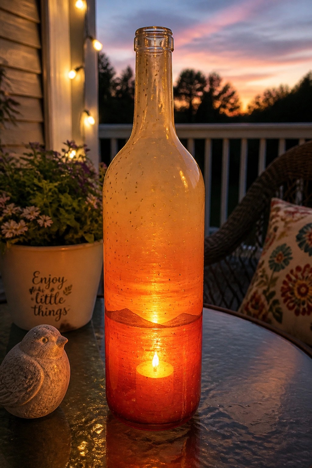 Candle glowing inside water-droplet-covered glass bottle on patio at sunset