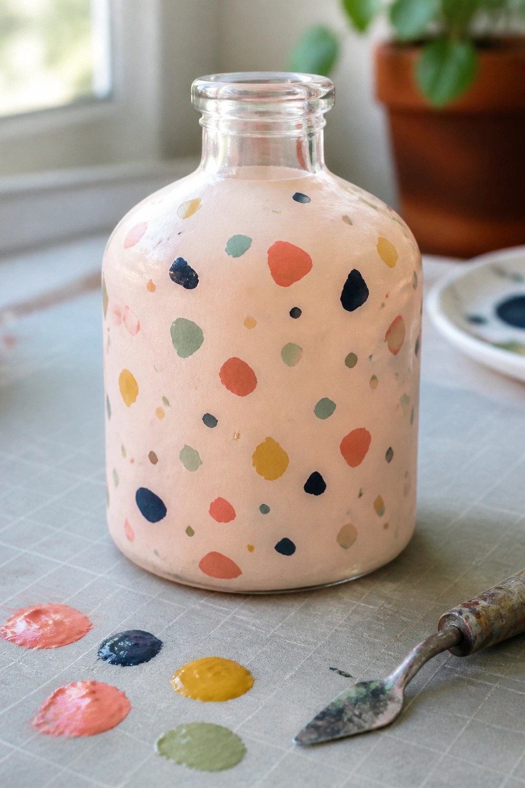 Light pink glass bottle with colorful dots beside paint dabs and palette knife