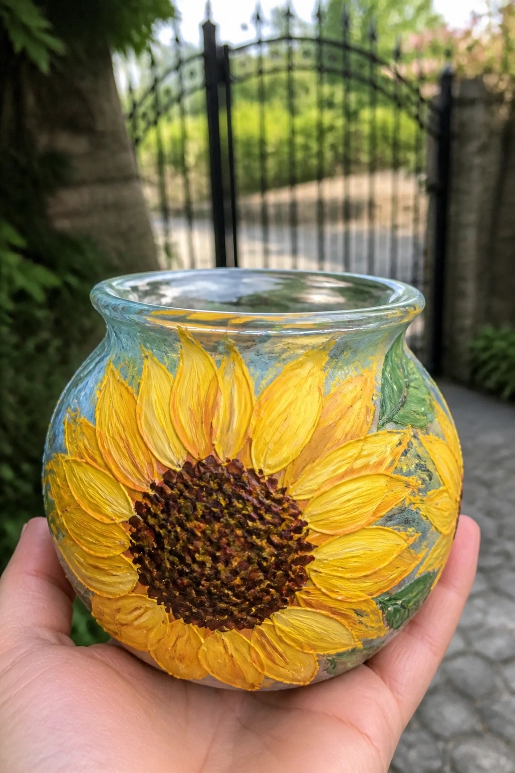 Hand holding round glass vase painted with large yellow sunflower outdoors.