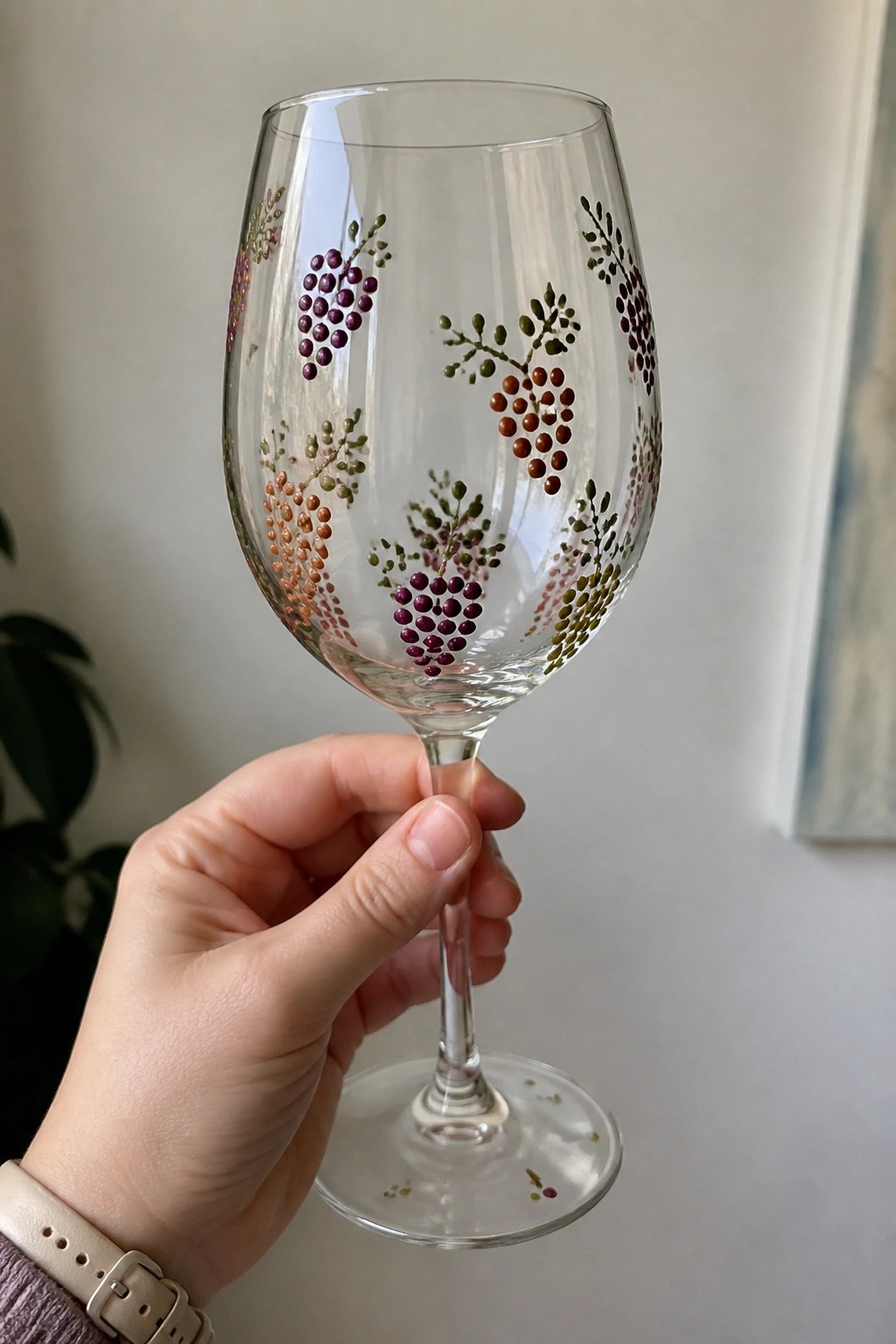 Hand holding wine glass painted with purple, brown, and green grape clusters.