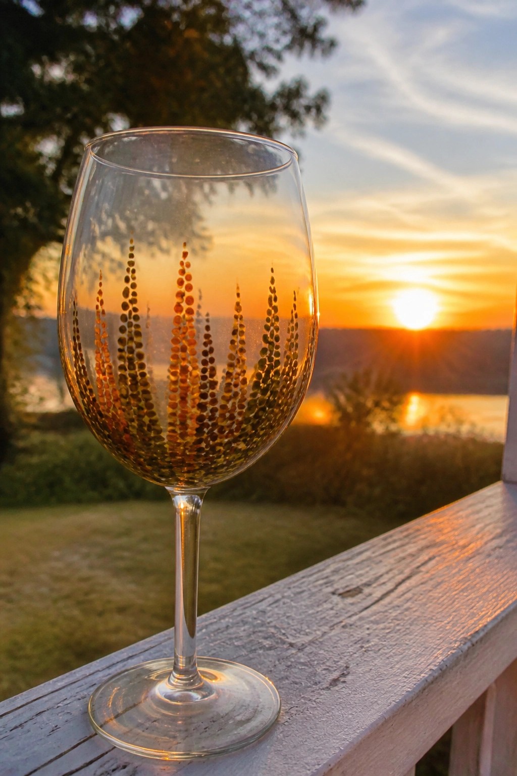 Decorated wine glass with dotted wheat pattern on white railing at sunset over water.
