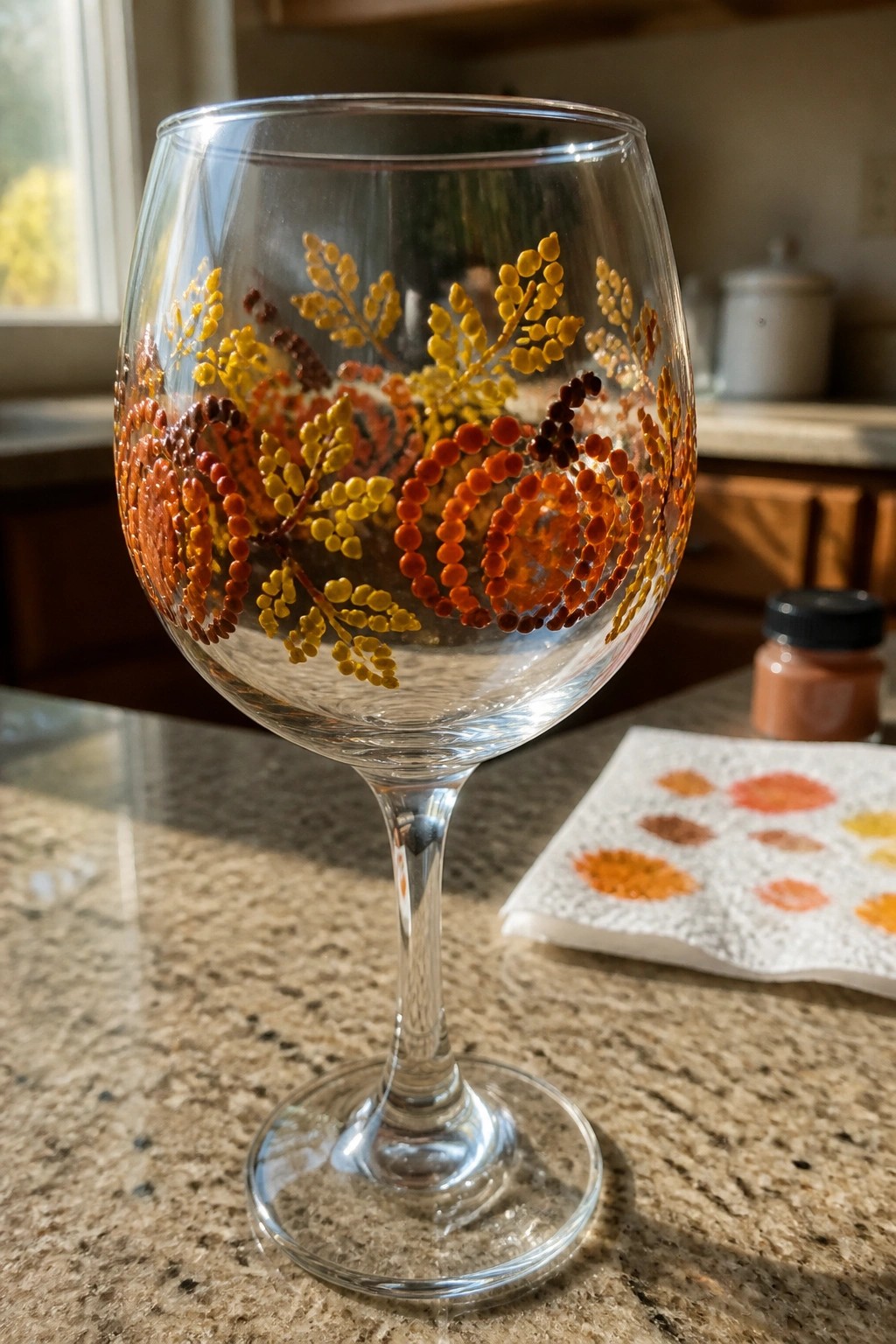 Decorated wine glass with orange pumpkins and yellow autumn leaves on countertop