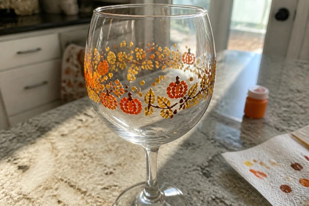 18 Beginner-Friendly Fall Wine Glass Painting Projects Using Dot-Painting Techniques Decorated wine glass with orange pumpkins and yellow autumn leaves on countertop