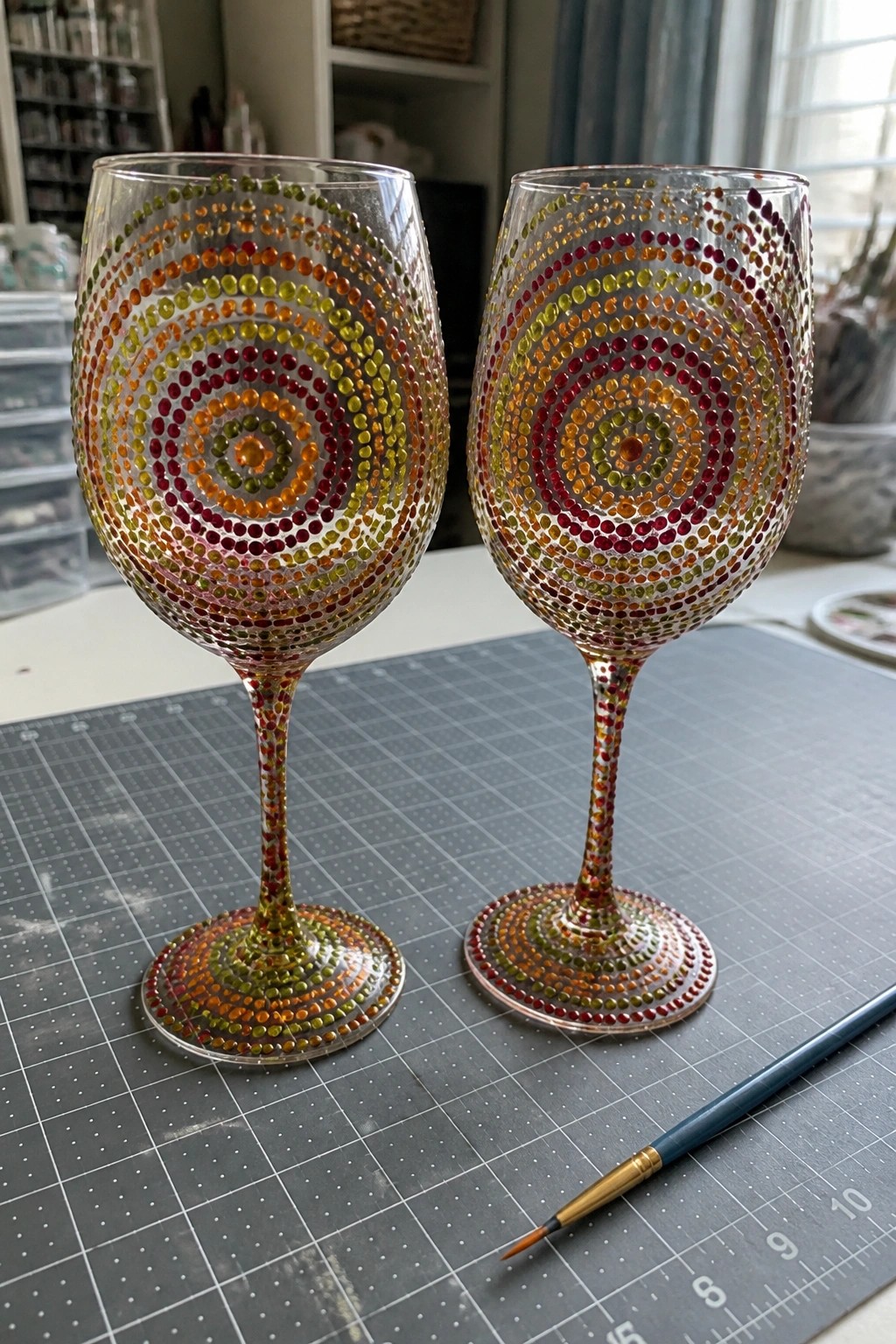 Two wine glasses with vibrant spiral dot patterns on a gray crafting mat beside a paintbrush.