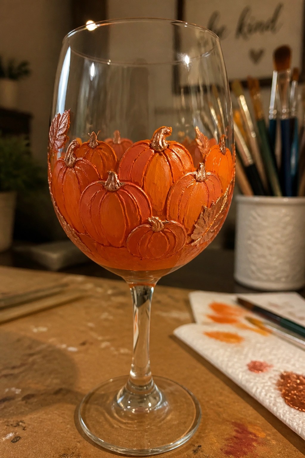 Wine glass hand-painted with orange pumpkins, copper stems, and leaves on wooden table