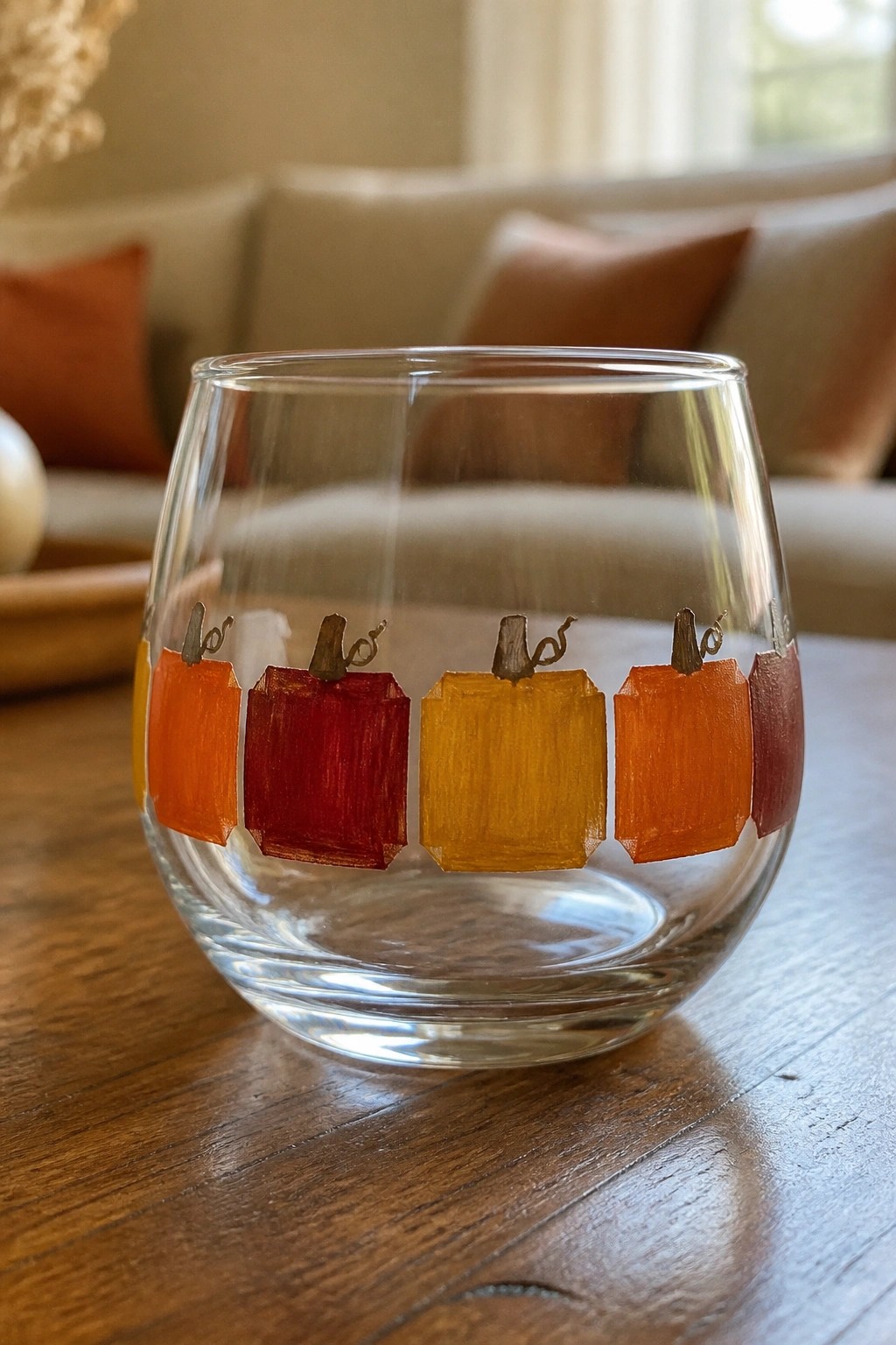 Stemless glass with hand-painted orange, red, and yellow pumpkins on wood table