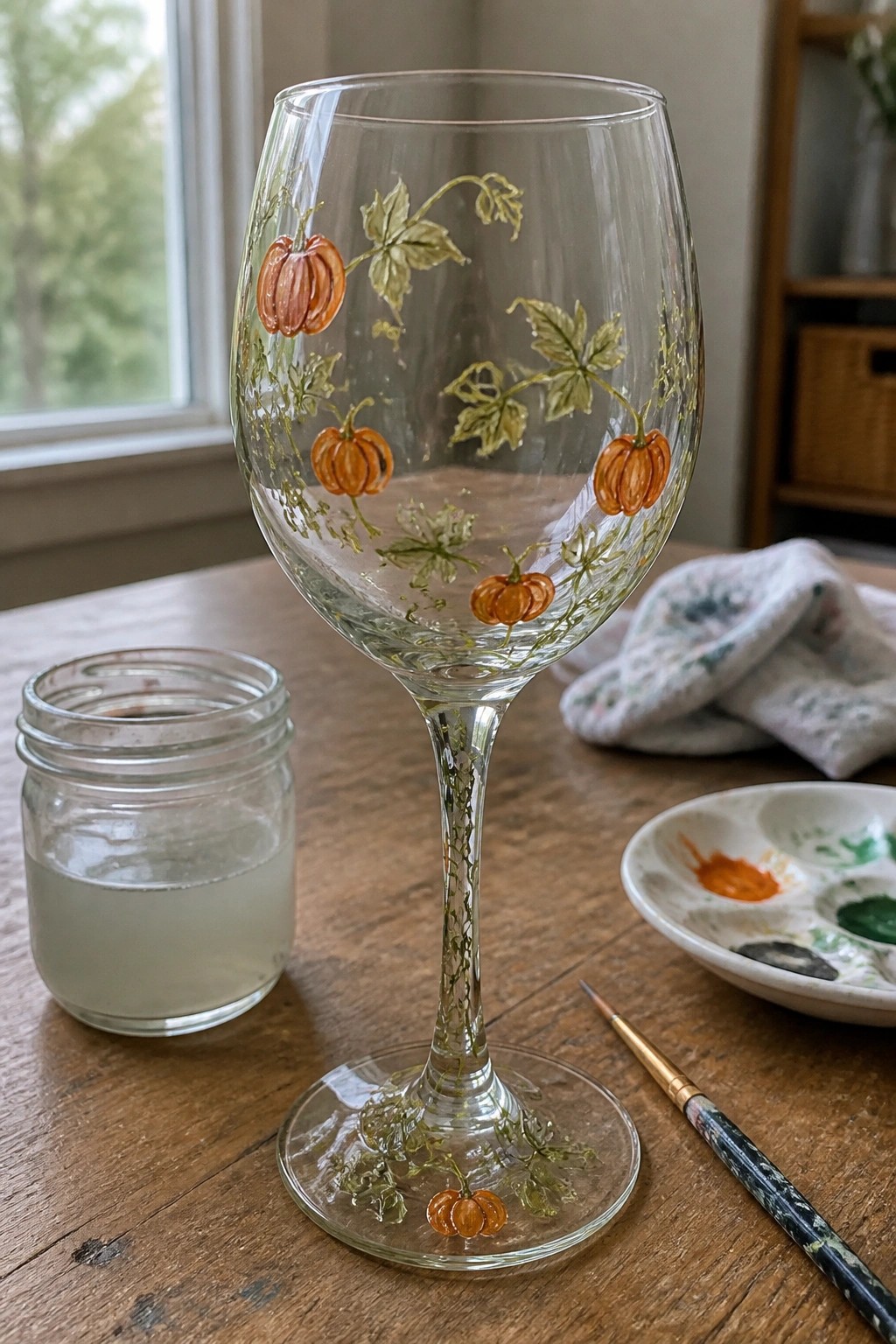 Painted wine glass with orange pumpkins and green vines beside art supplies on wood table.