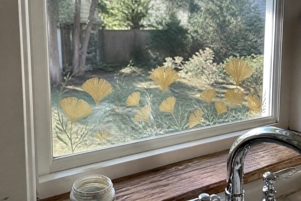 Yellow ginkgo leaf decals on window above wooden sill with jar and faucet.