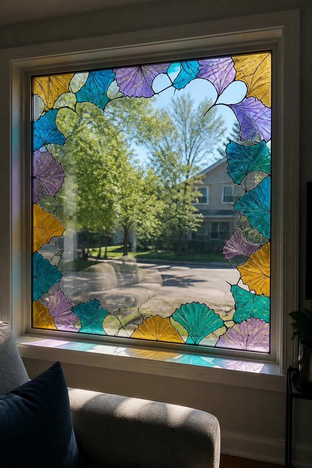 Colorful stained glass leaf border frames sunny view of trees, house, and driveway.