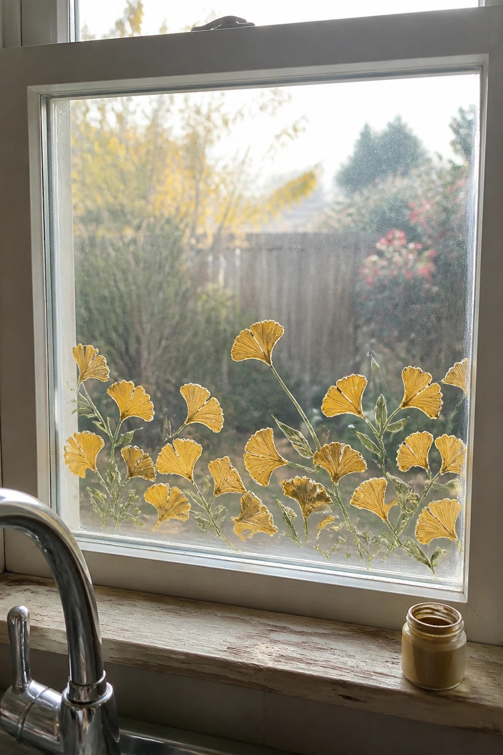 Yellow ginkgo leaf decals on window above wooden sill with jar and faucet.