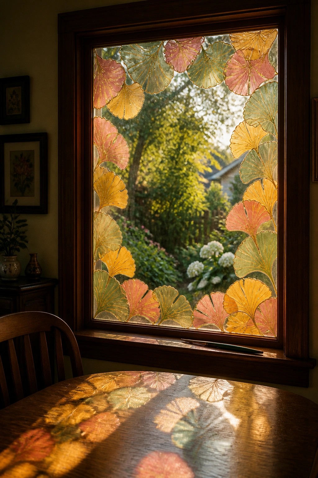 A wooden window with ginkgo leaves painted in fall colors around the glass border and leaf shadows cast on a table below.