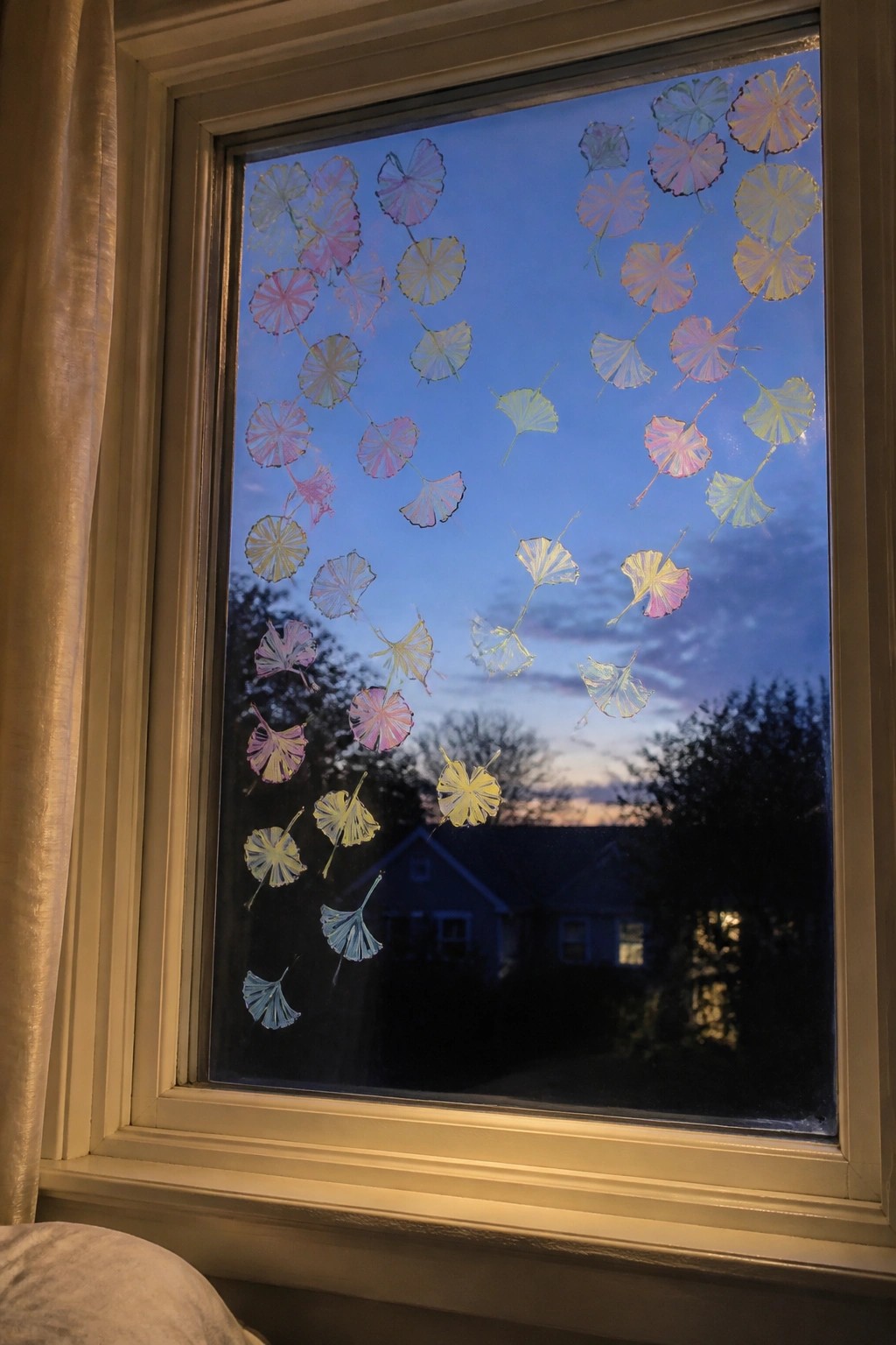 Colorful ginkgo leaf garlands strung across a window at twilight