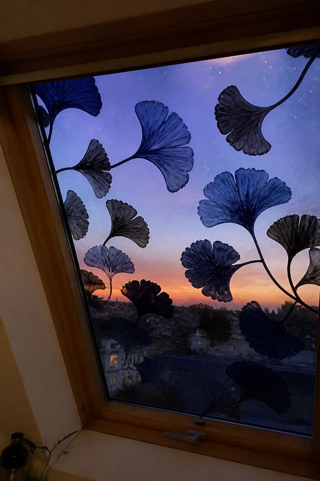 Blue ginkgo leaves decorate window overlooking colorful city sunset sky.