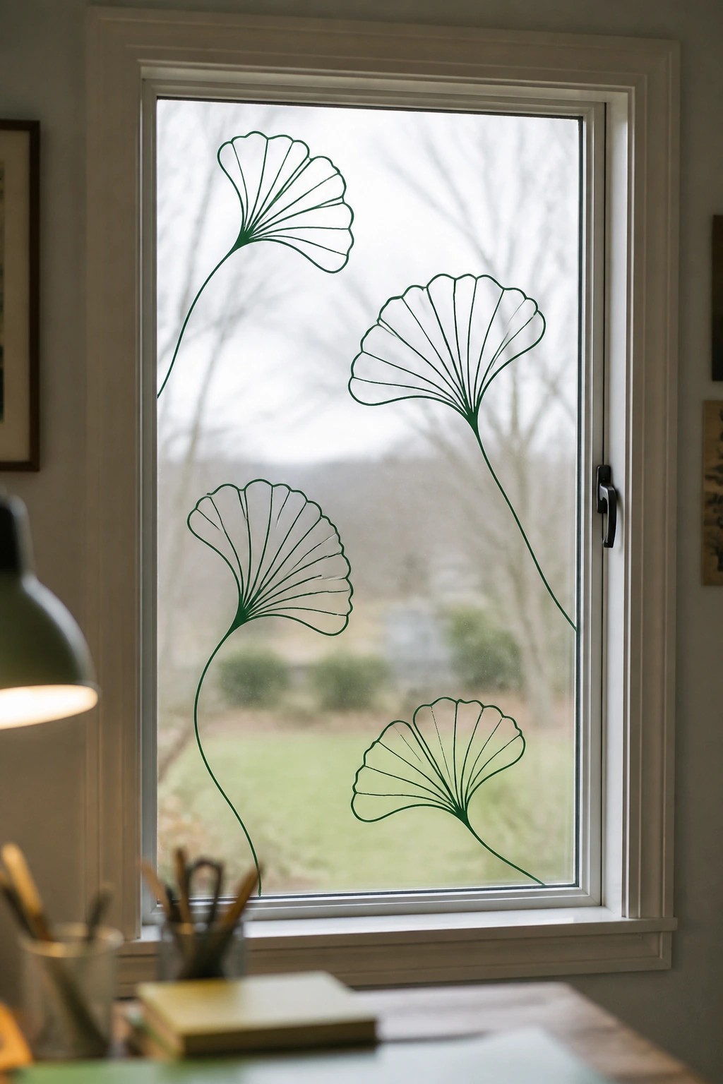 Green ginkgo leaf decals on white-framed window above desk with lamp and pencils.