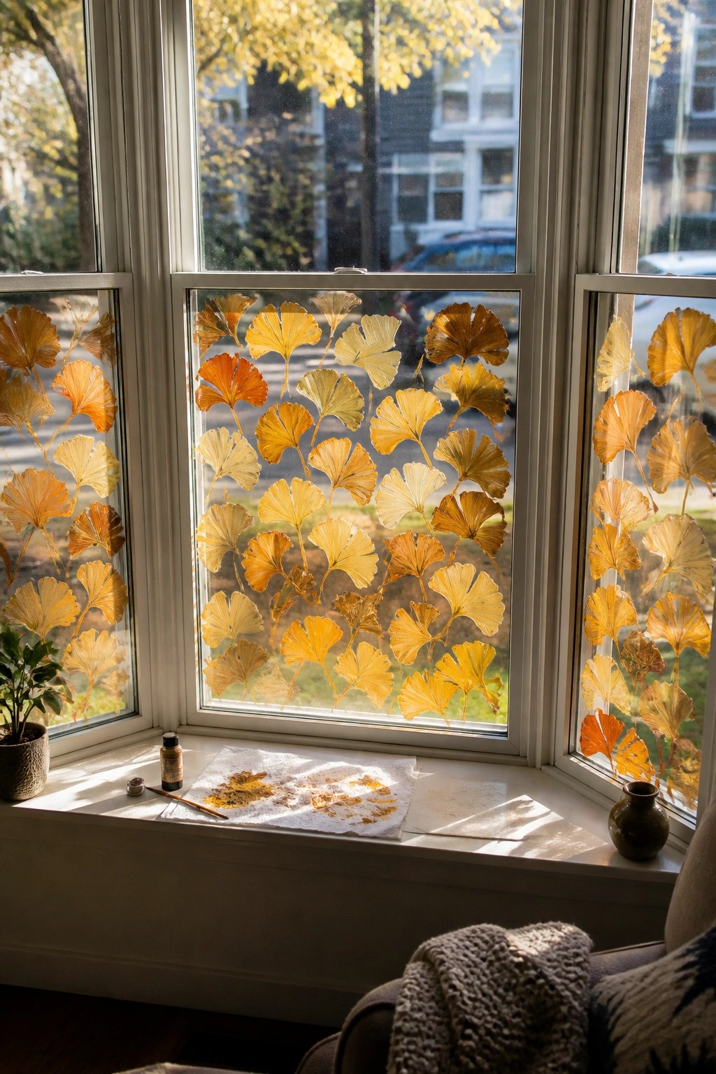 Sunlit window covered with golden ginkgo leaves, paint and papers on sill