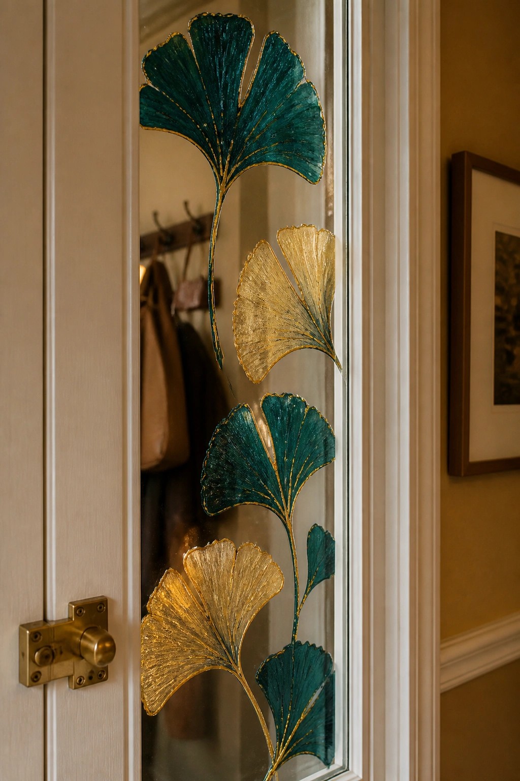 Door with brass handle and glass panel of teal and gold ginkgo leaves