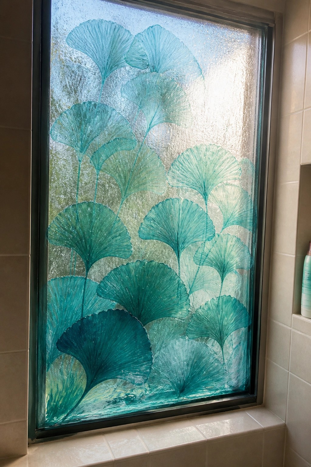 Teal ginkgo leaf etching on frosted bathroom window with sunlight glowing through