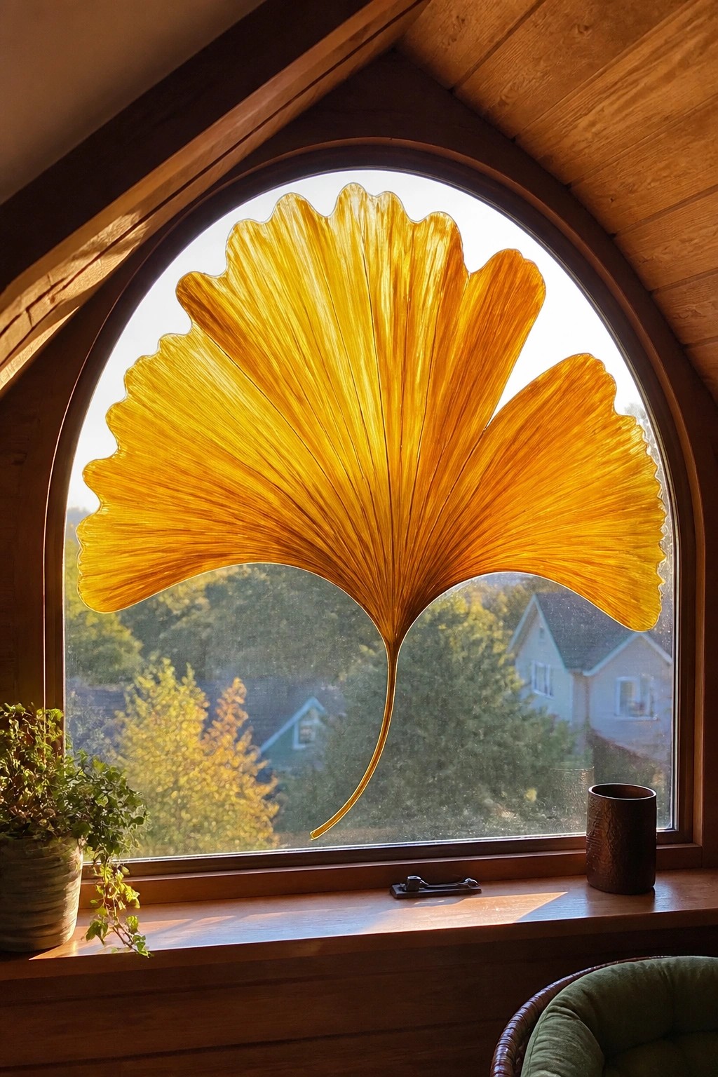 Glowing golden ginkgo leaf sculpture in arched sunlit window overlooking houses