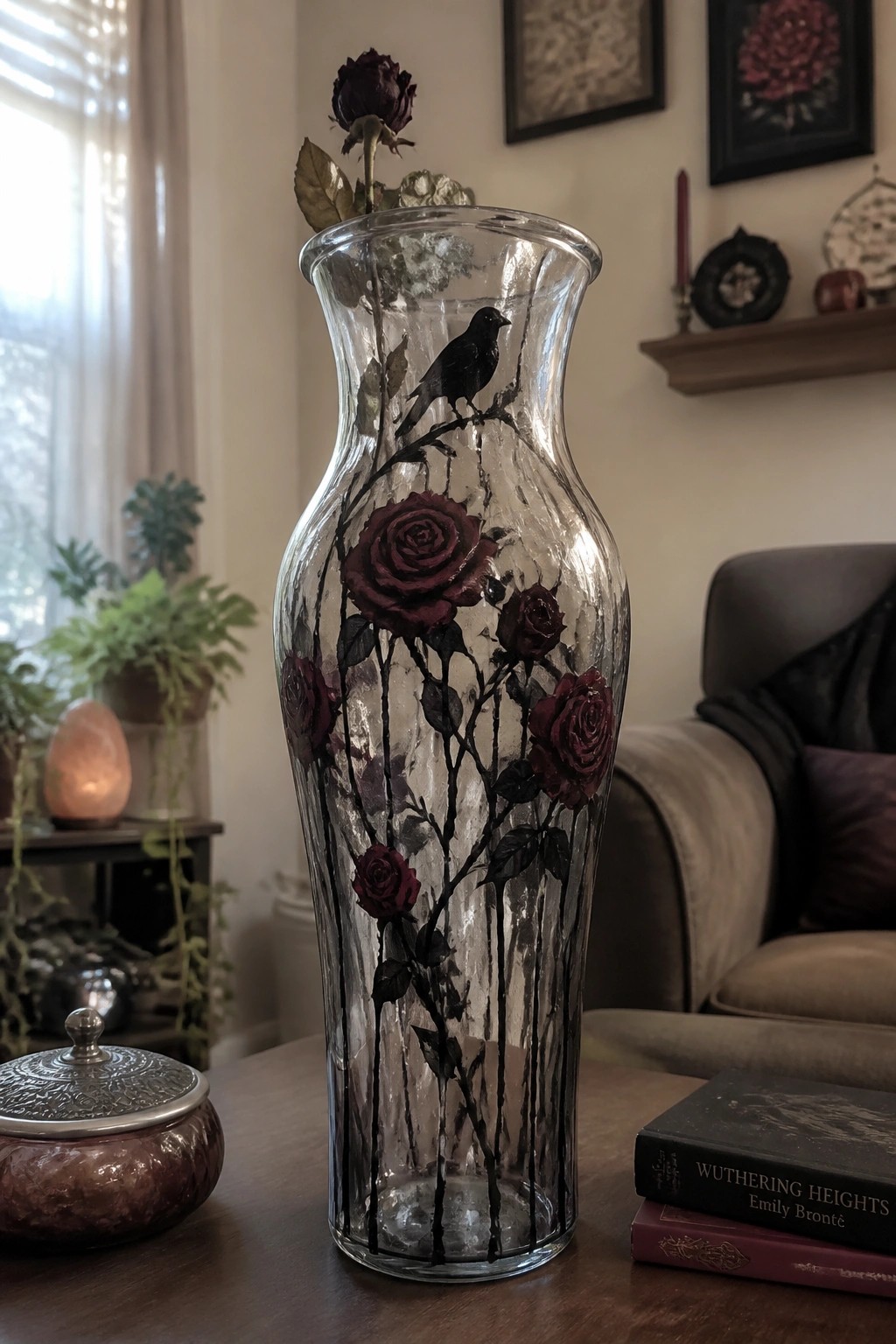 Tall glass vase etched with roses and bird, holding dried burgundy blooms beside Wuthering Heights.