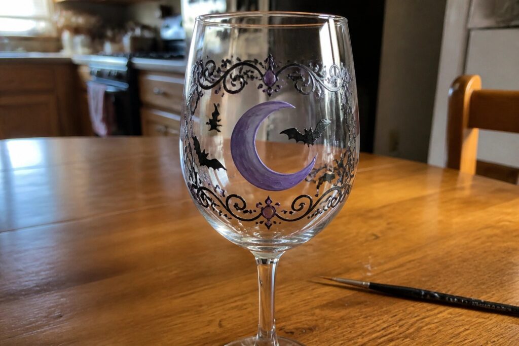 18 Classic Halloween Glassware Decor Centered Around Vintage Gothic Motifs A clear wine glass with black ornate borders, a purple crescent moon, and black bats painted on the bowl rests on a wooden table next to a paintbrush.