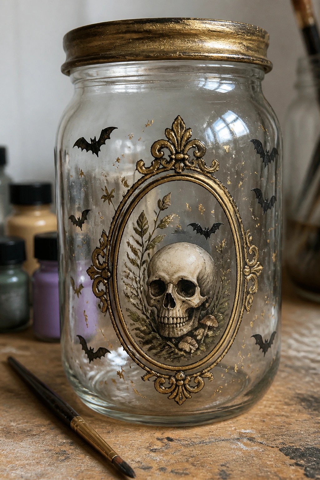Glass jar with skull in ornate gold frame, surrounded by black bats and gold accents.