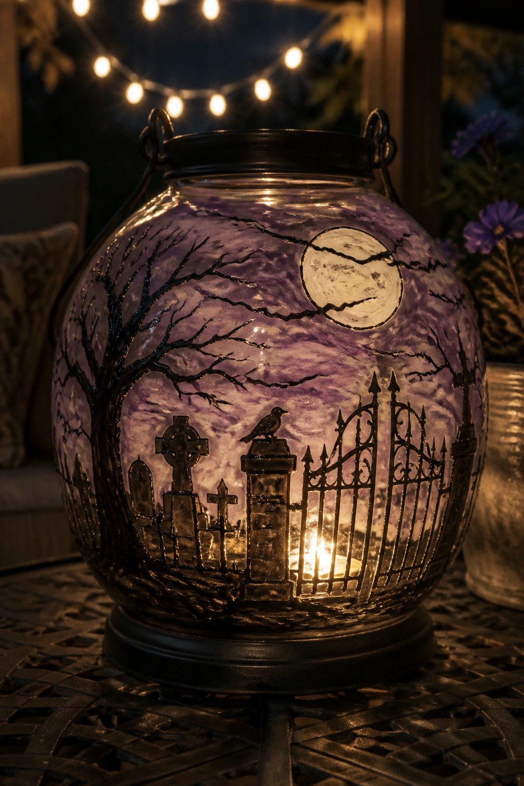 Illuminated purple glass lantern with graveyard scene, full moon, trees, and gate.