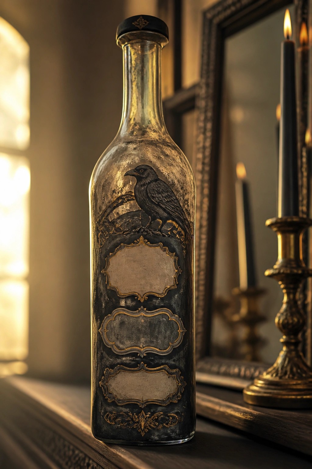 Weathered glass bottle with black raven and ornate gold labels beside lit candles
