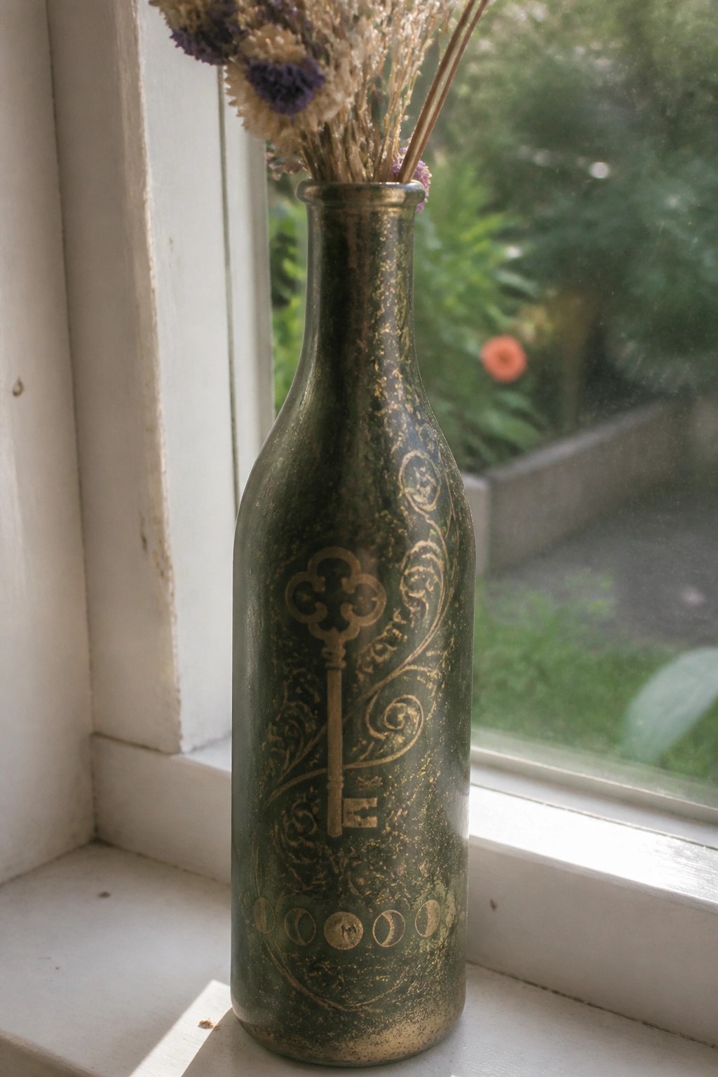 Green bottle with gold key, swirls, and moon phases holding dried flowers on windowsill
