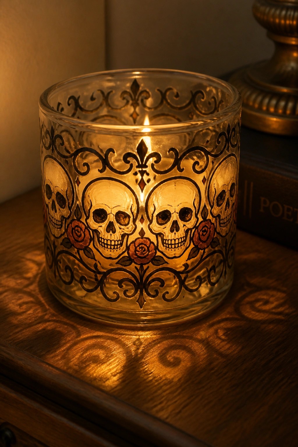 Lit candle glowing in glass holder etched with skulls, roses, and ornate patterns on wood.