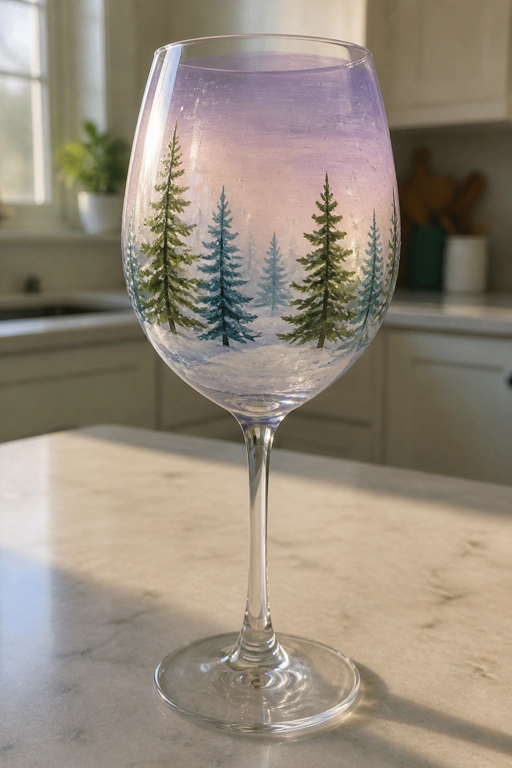 Wine glass hand-painted with snowy evergreen trees under a purple sky