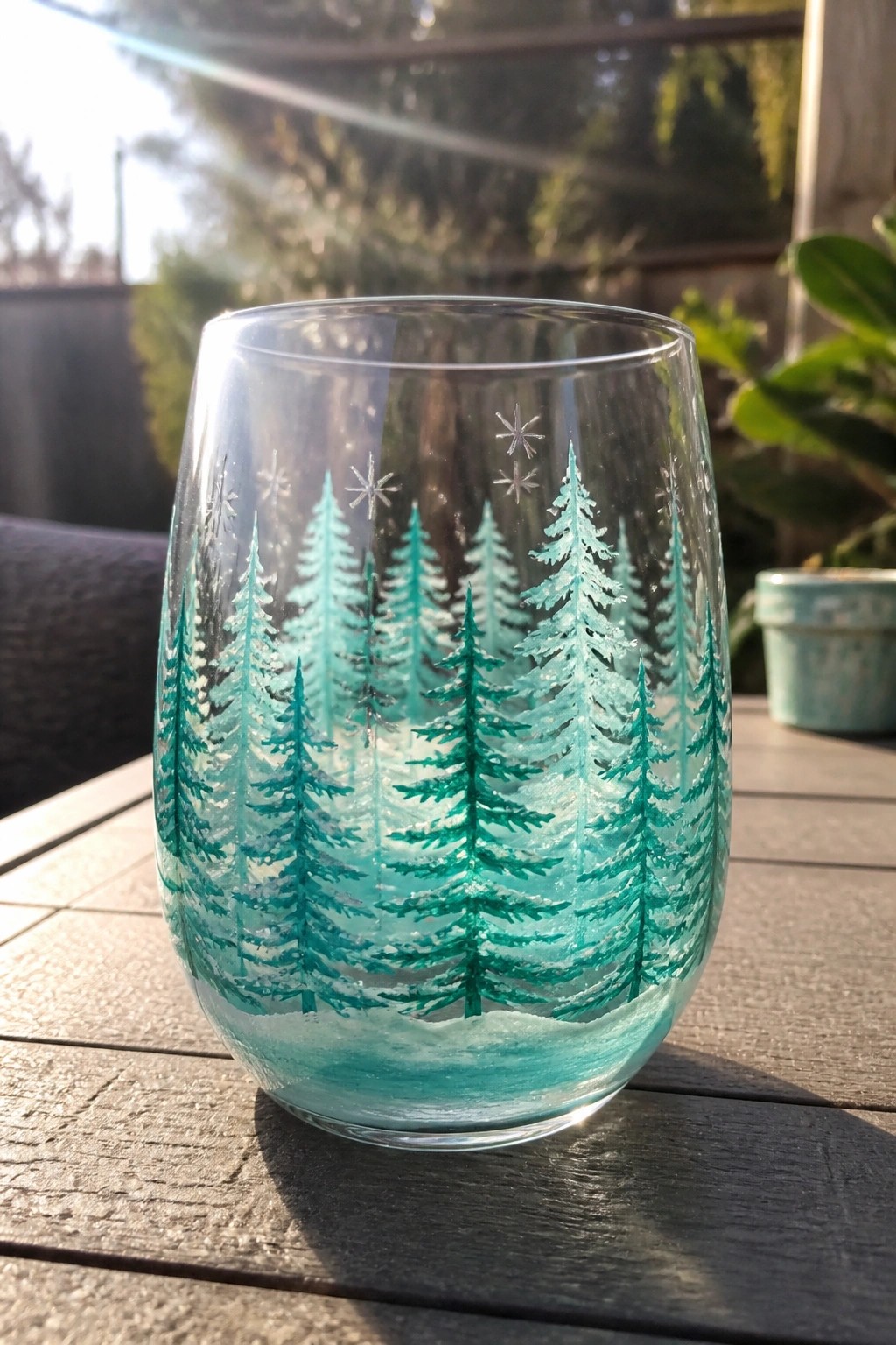 Glass tumbler with teal pine trees, snow, and silver snowflakes on wooden table outdoors