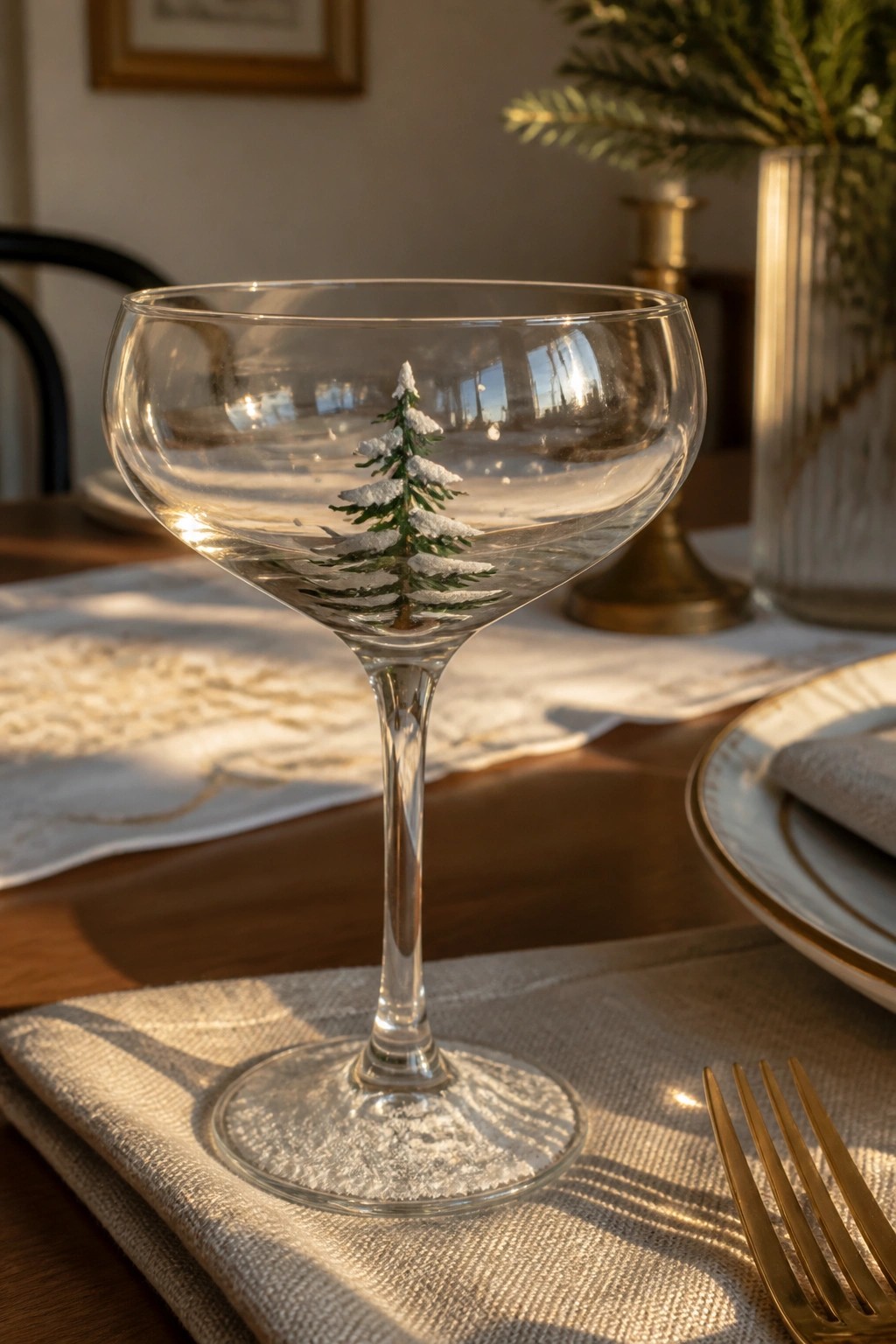 Coupe glass with snow-covered pine tree on linen napkin in sunlight