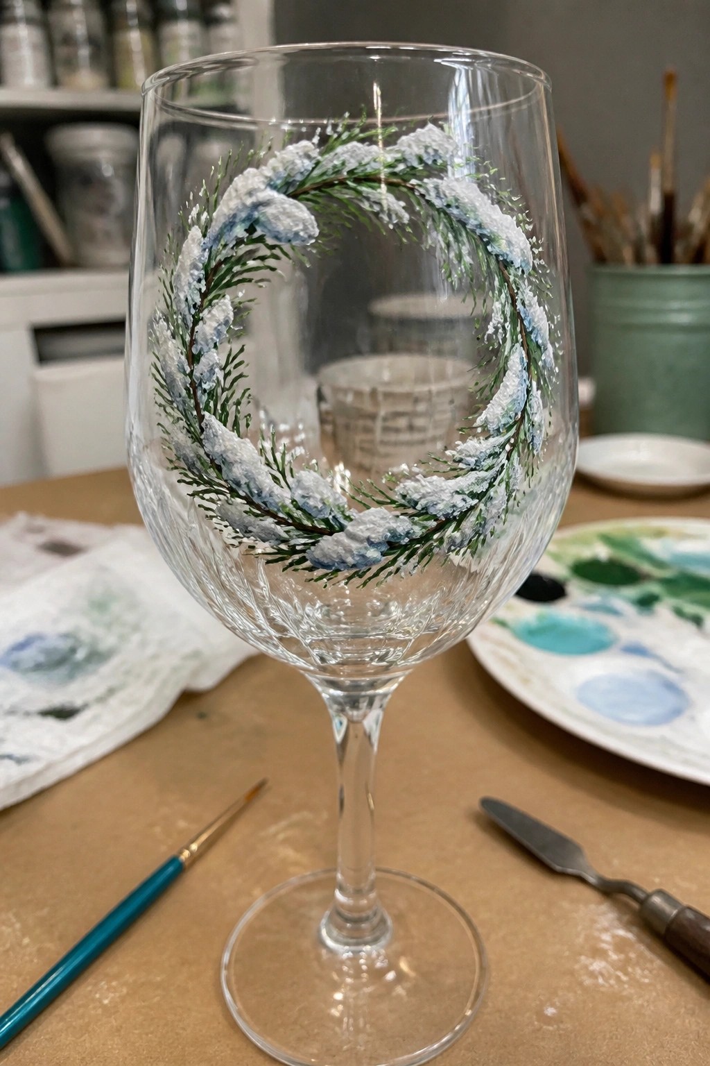 Painted wine glass with snowy green wreath amid art supplies on wooden table.