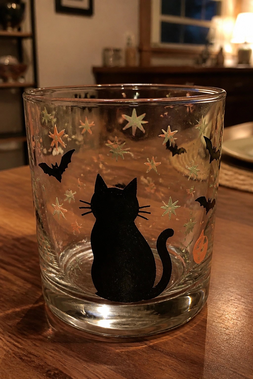 Clear glass tumbler with black cat, bats, stars, and pumpkin on wooden table