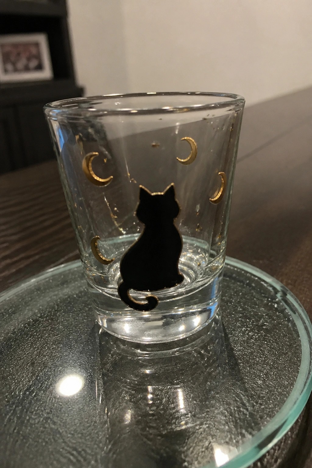 Clear glass with black cat silhouette and gold crescent moon designs.