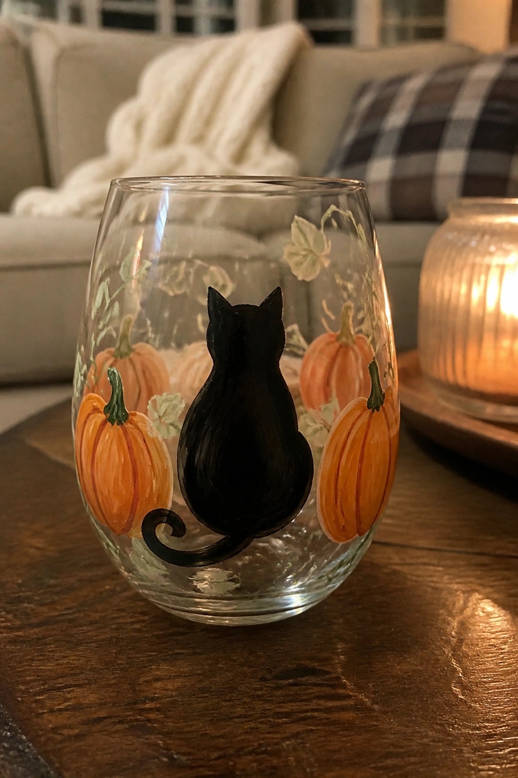 Stemless glass painted with black cat silhouette amid orange pumpkins and green leaves.