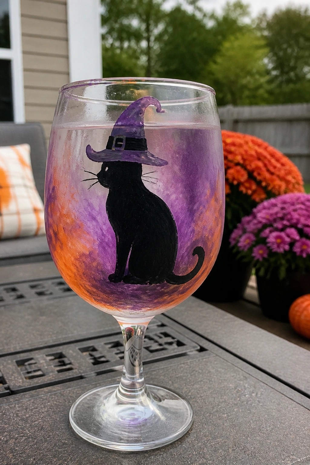 Wine glass with black cat in purple witch hat on orange-purple watercolor background