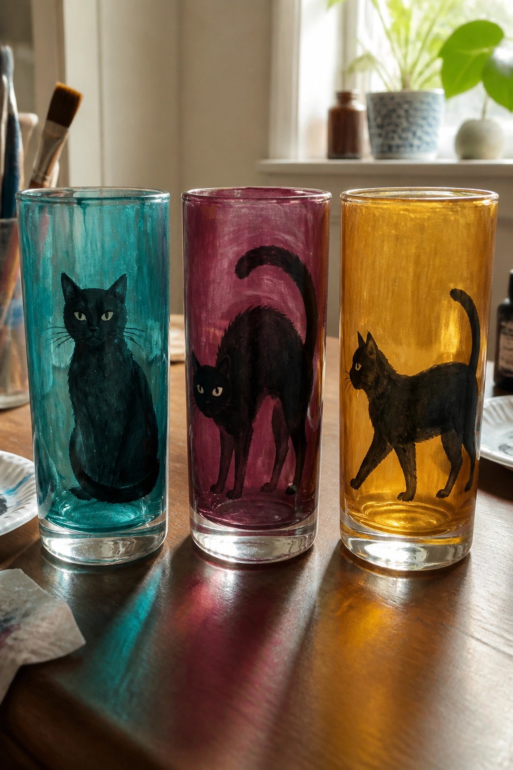 Three tall drinking glasses with black cat silhouettes painted on teal, magenta, and yellow backgrounds rest on a wooden table.