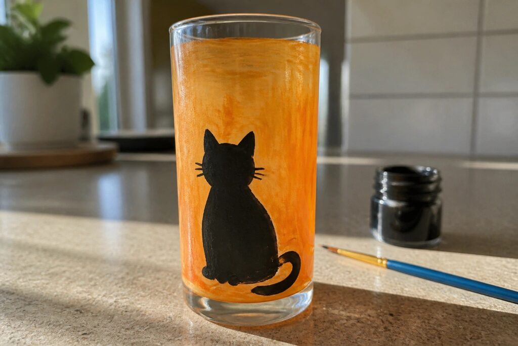 18 Easy Halloween Drinking Glass Painting Ideas Featuring Black Cat Silhouettes Tall clear glass with orange upper paint and black cat silhouette next to black paint jar and brush on marble counter.