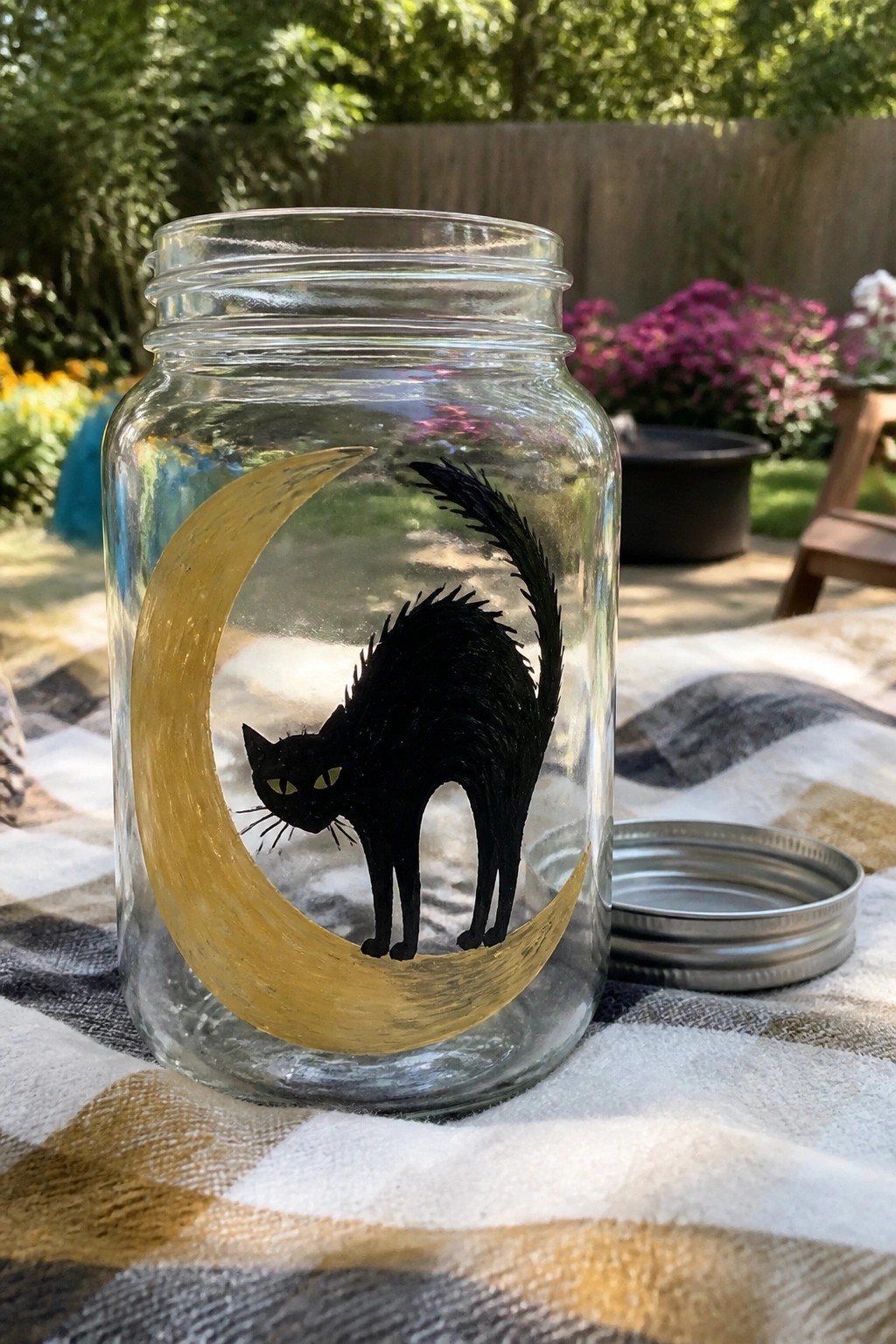 Glass jar painted with black cat on golden crescent moon, lid on plaid blanket.