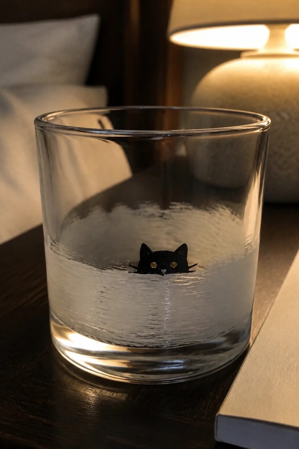 Clear glass tumbler with black cat face and gold eyes on white band