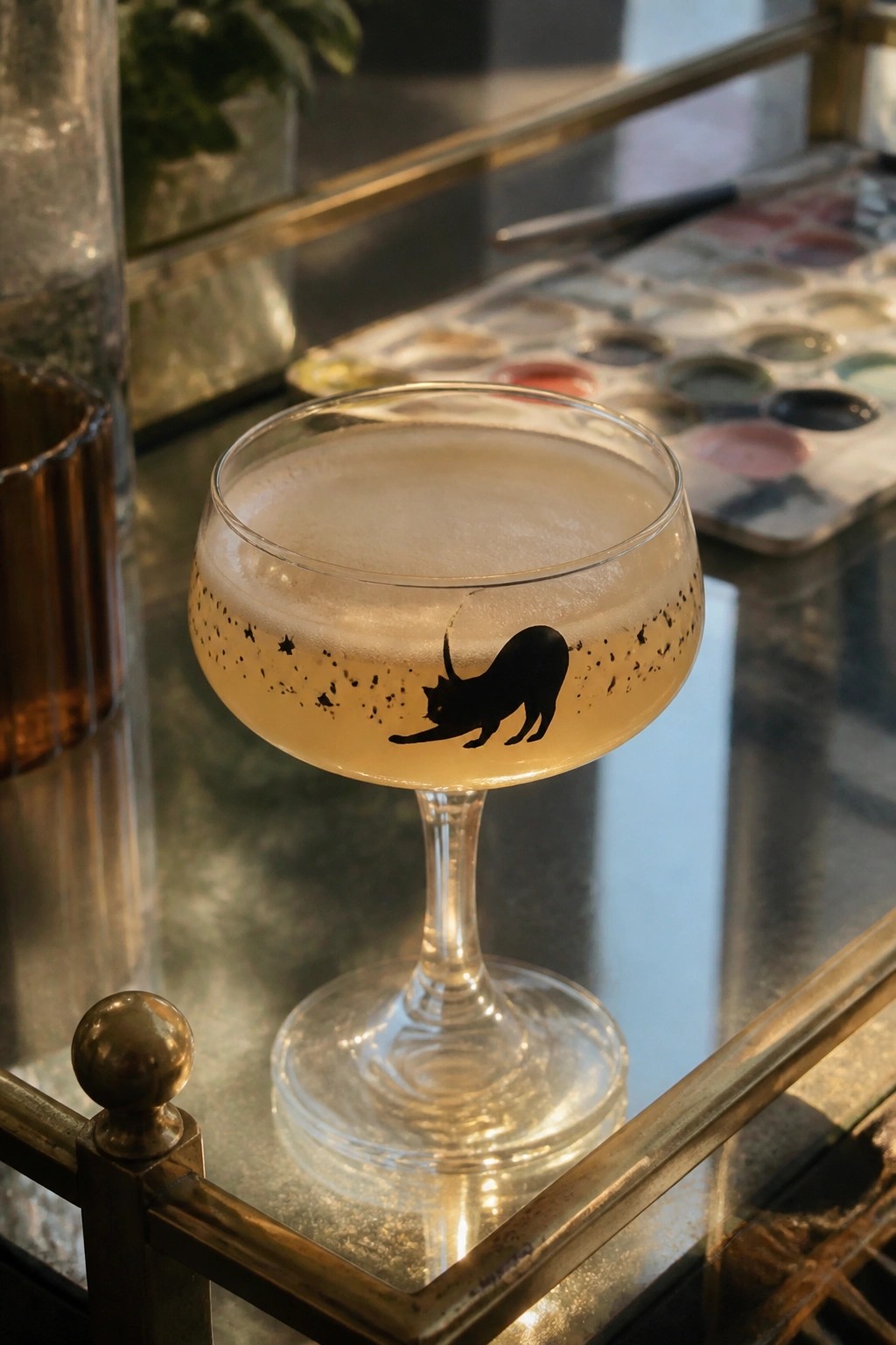 Pale yellow cocktail in coupe glass with black stretching cat silhouette design