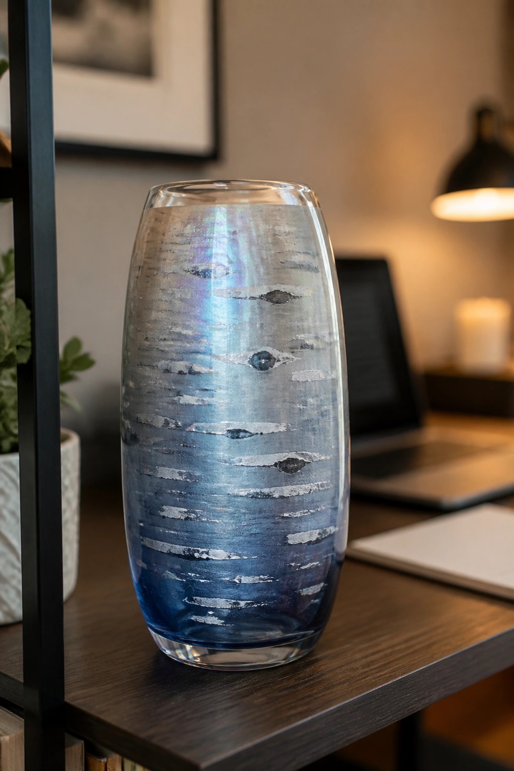 Iridescent blue glass vase with silver stripes on wooden desk